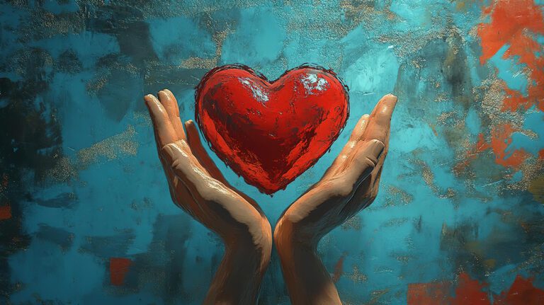 A vibrant painting featuring hands holding a red heart against a